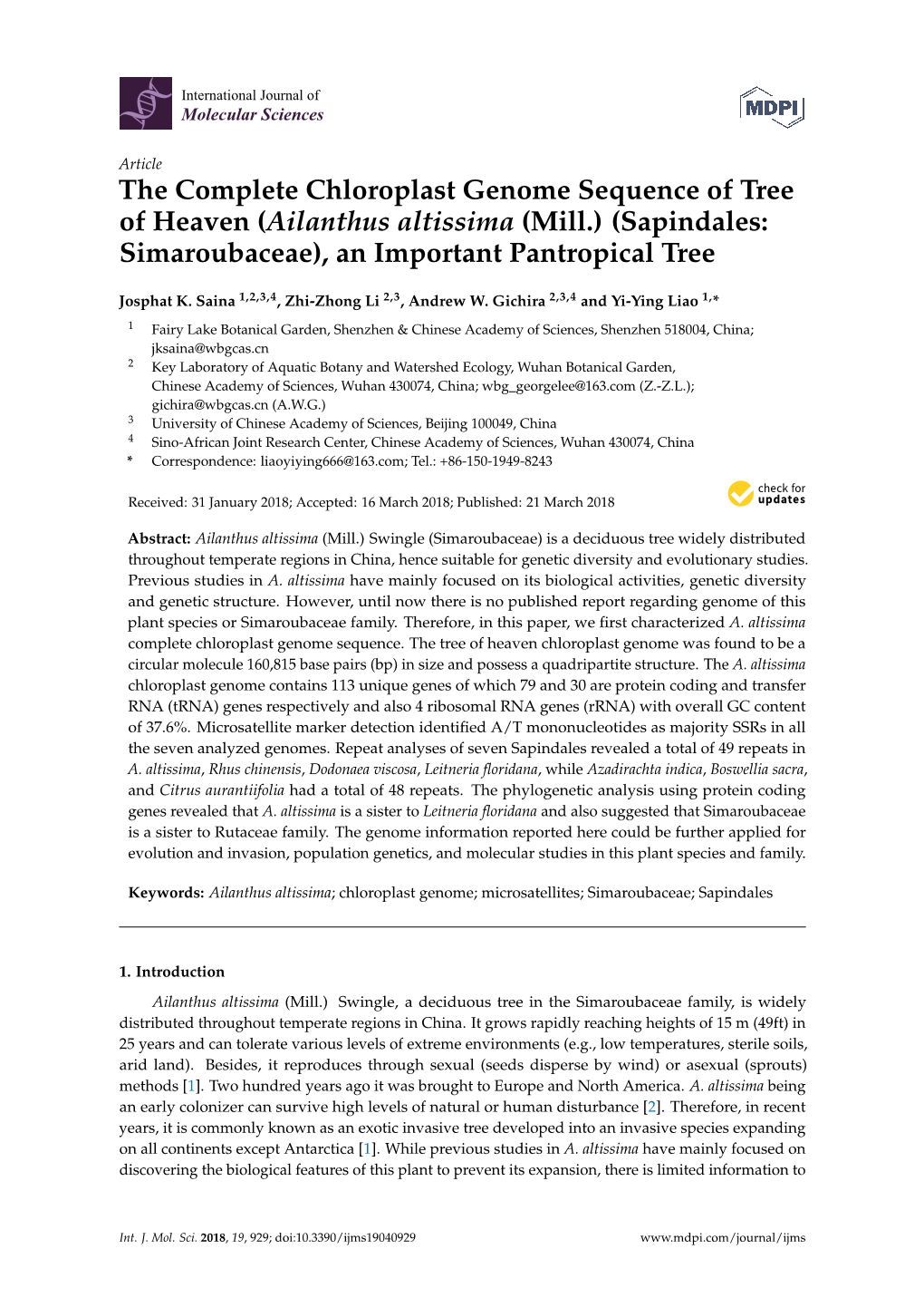 The Complete Chloroplast Genome Sequence of Tree of Heaven (Ailanthus Altissima (Mill.) (Sapindales: Simaroubaceae), an Important Pantropical Tree