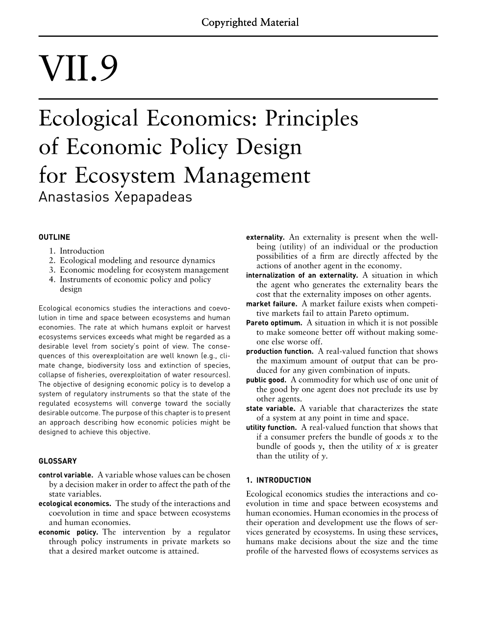 Principles of Economic Policy Design for Ecosystem Management Anastasios Xepapadeas