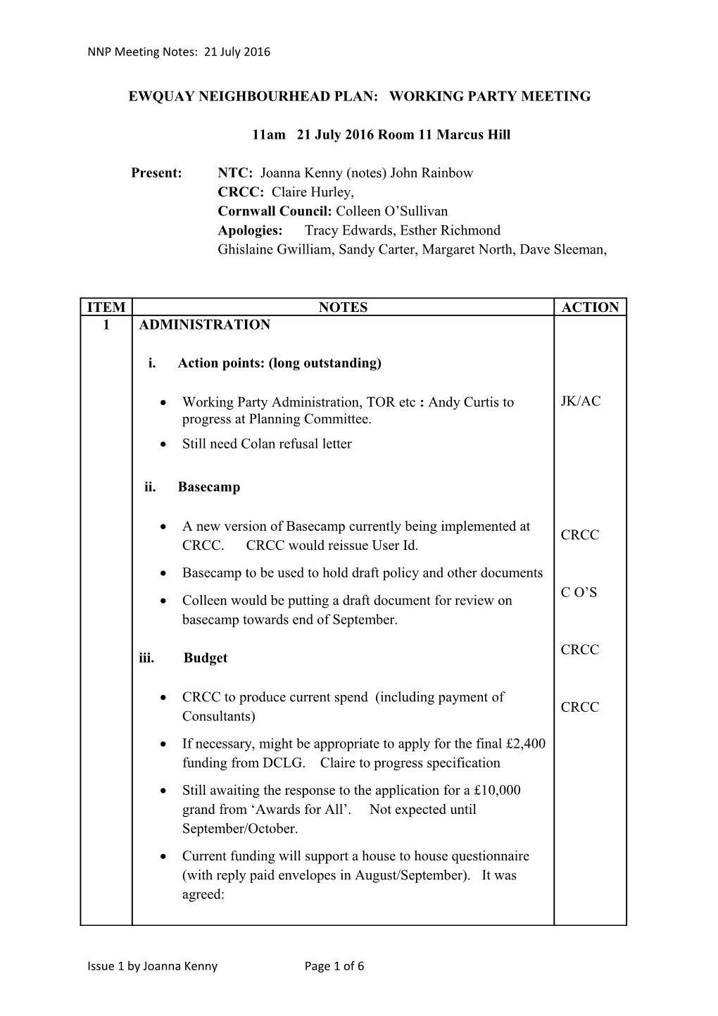 Ewquay Neighbourhead Plan: Working Party Meeting