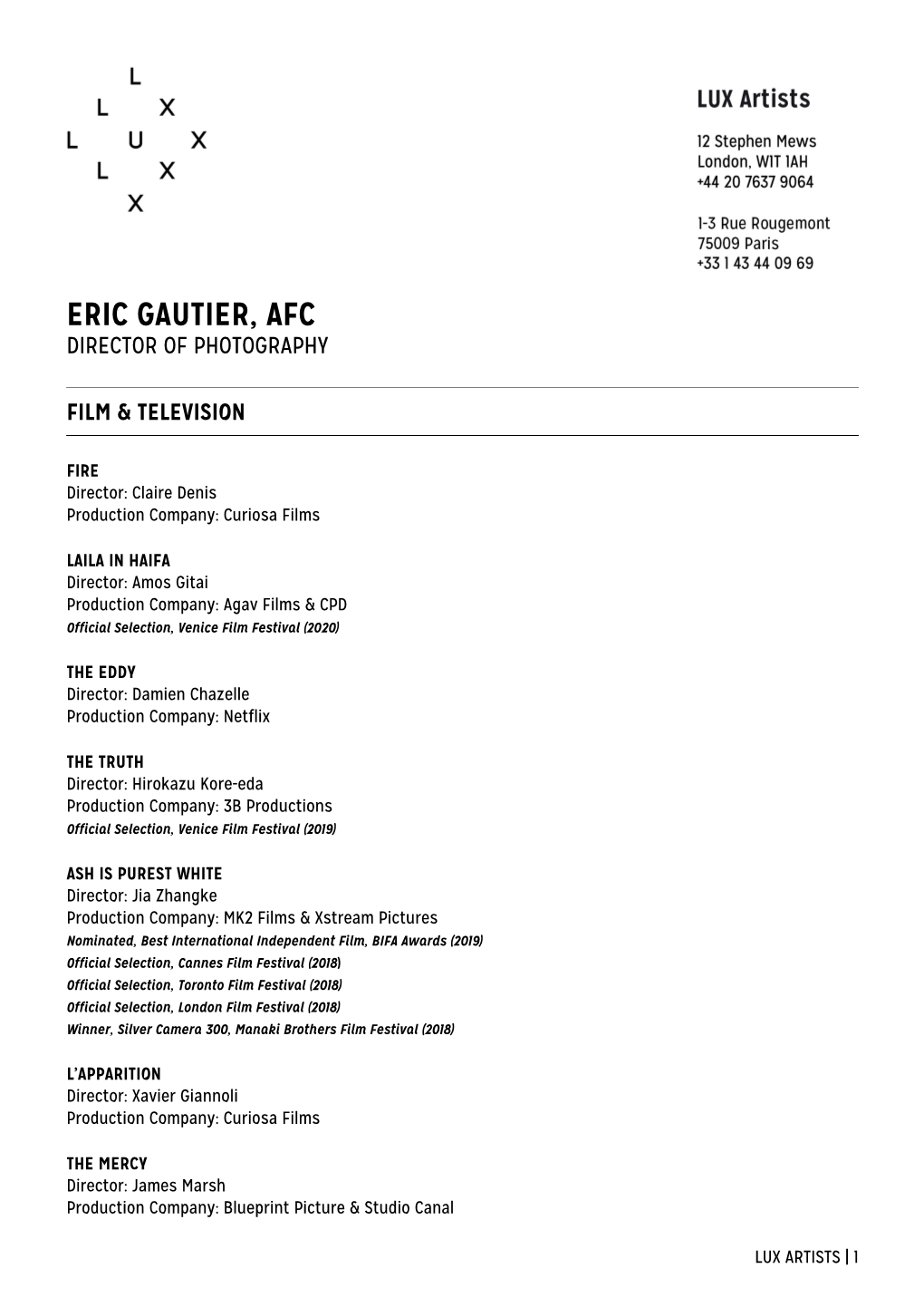 Eric Gautier, Afc Director of Photography