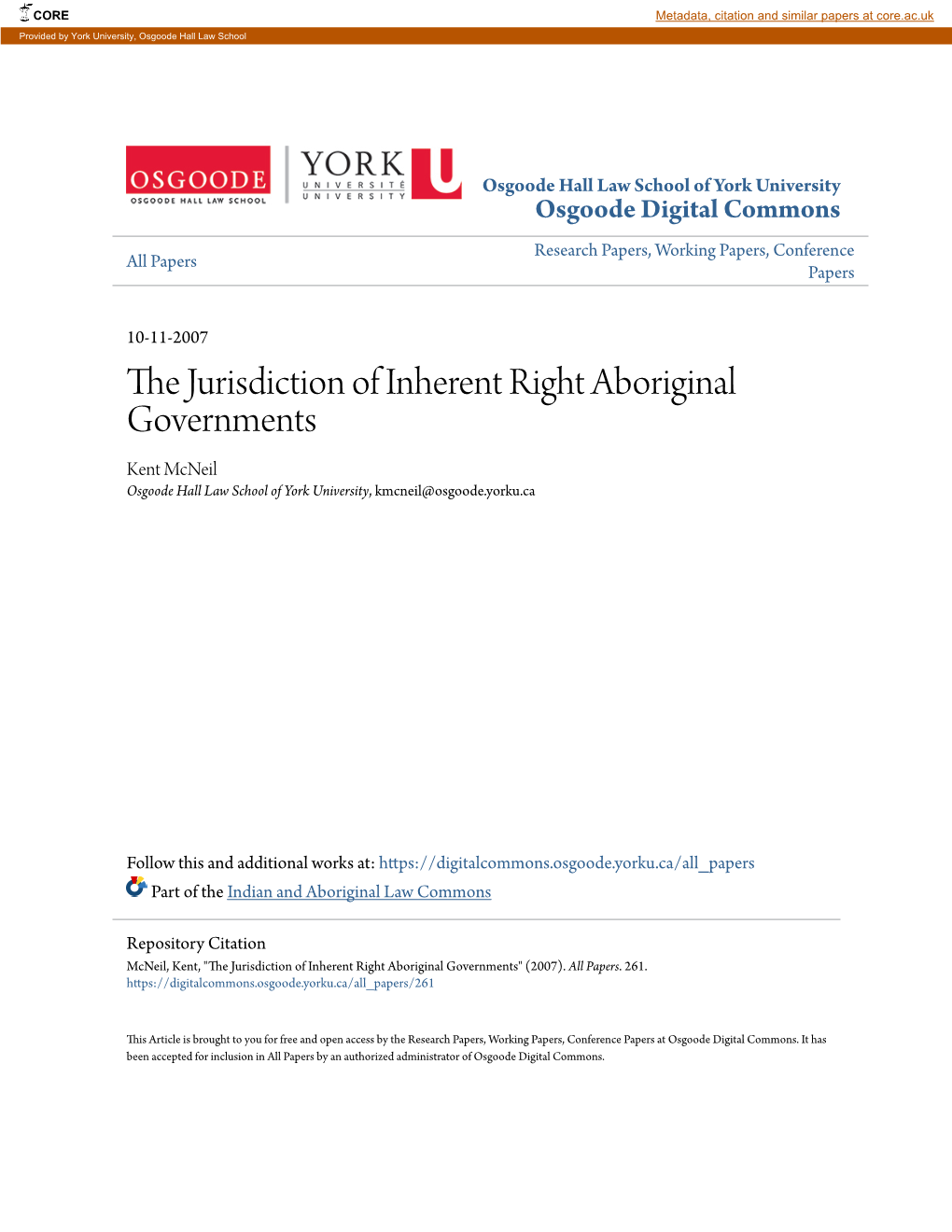 The Jurisdiction of Inherent Right Aboriginal Governments