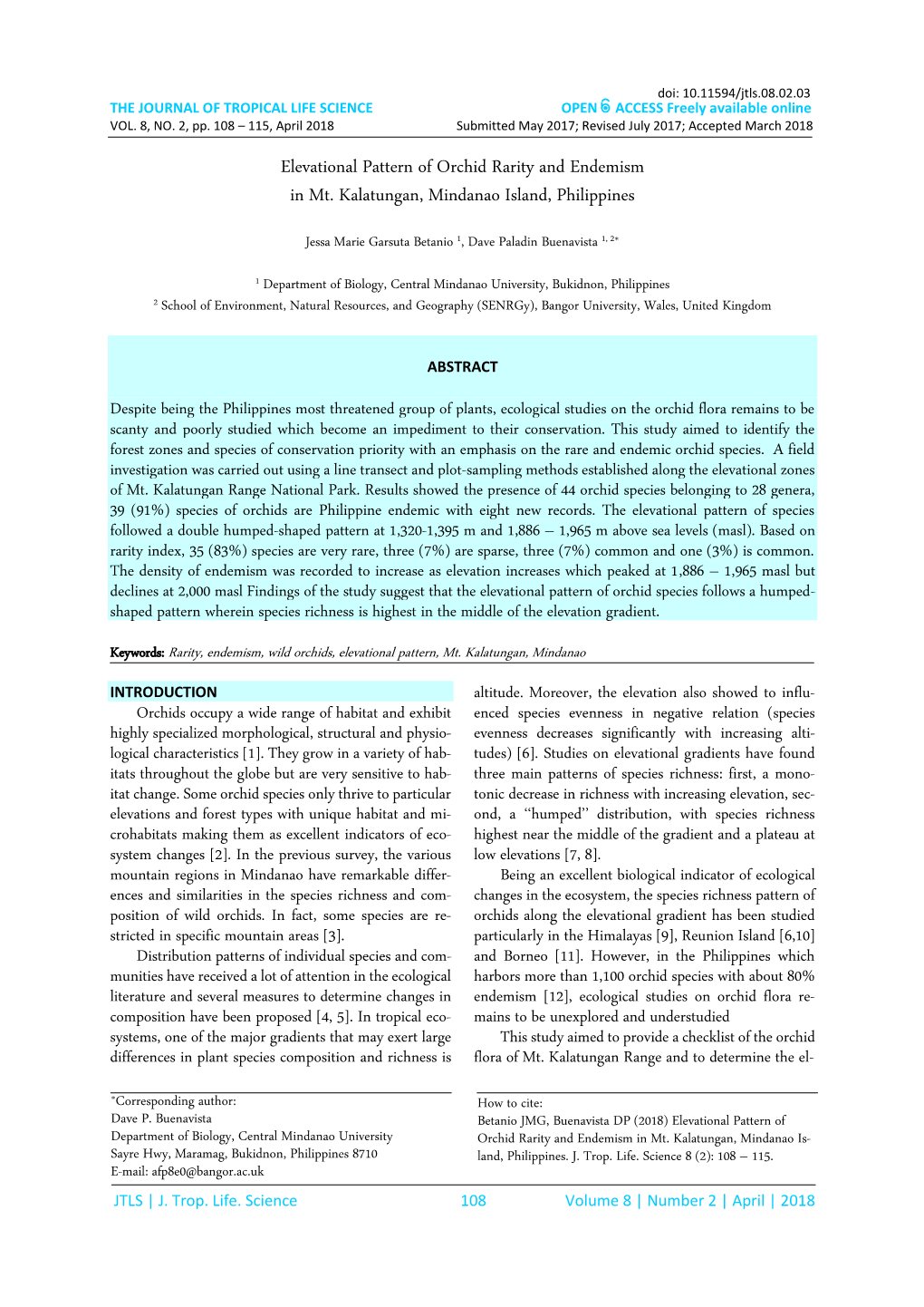 Elevational Pattern of Orchid Rarity and Endemism in Mt. Kalatungan, Mindanao Island, Philippines