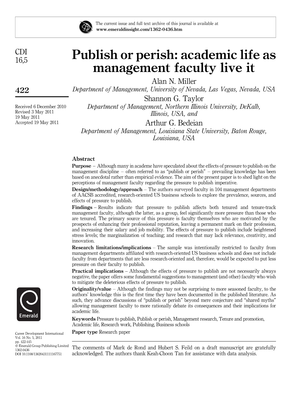 Publish Or Perish: Academic Life As Management Faculty Live It Alan N