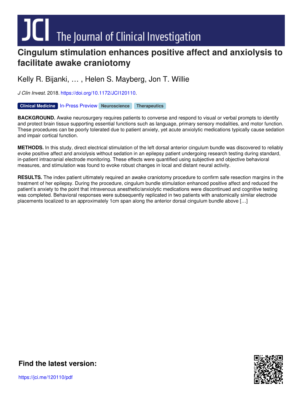 Cingulum Stimulation Enhances Positive Affect and Anxiolysis to Facilitate Awake Craniotomy