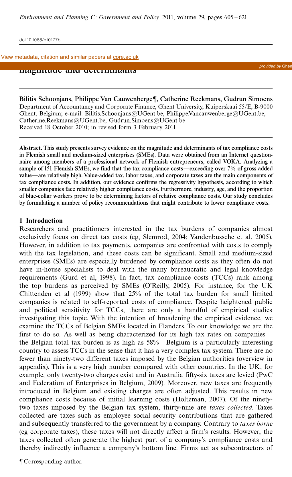 A Survey of Tax Compliance Costs of Flemish Smes: Magnitude and Determinants