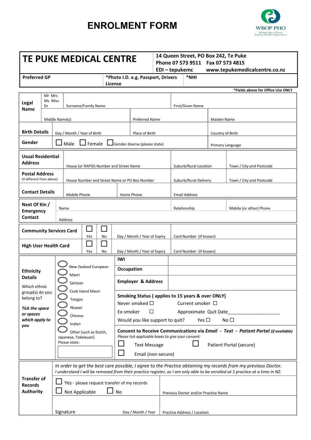 Enrolment Form Te Puke Medical Centre