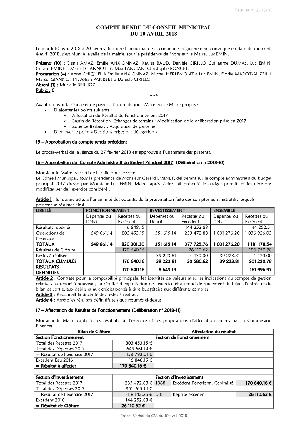 Compte Rendu Du Conseil Municipal Du 10 Avril 2018