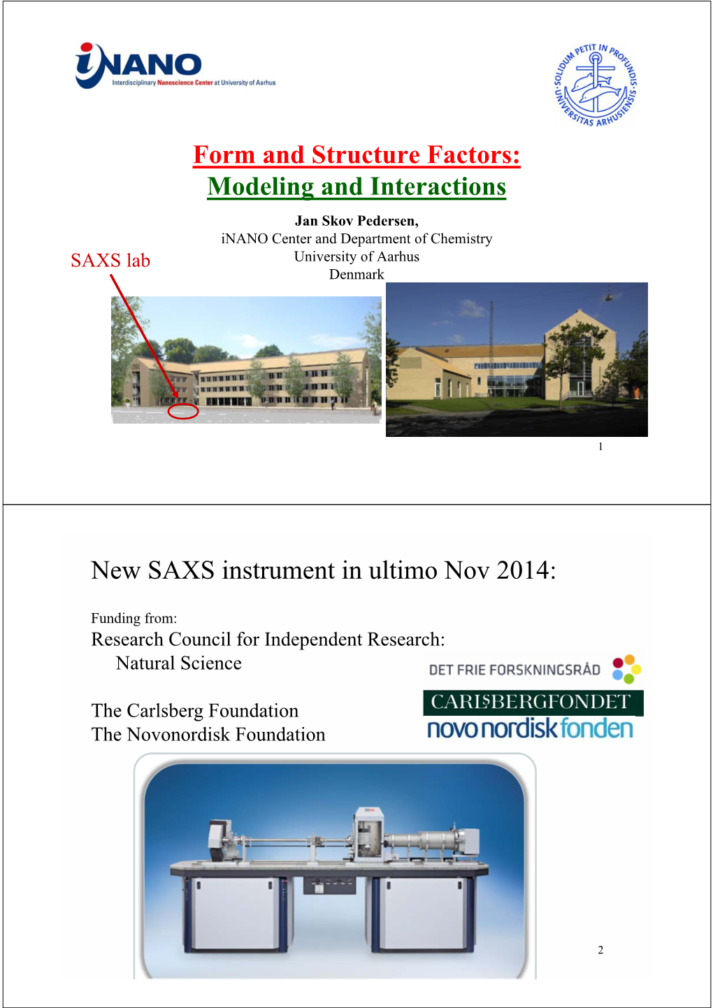 Form and Structure Factors: Modeling and Interactions Jan Skov Pedersen, Inano Center and Department of Chemistry SAXS Lab University of Aarhus Denmark