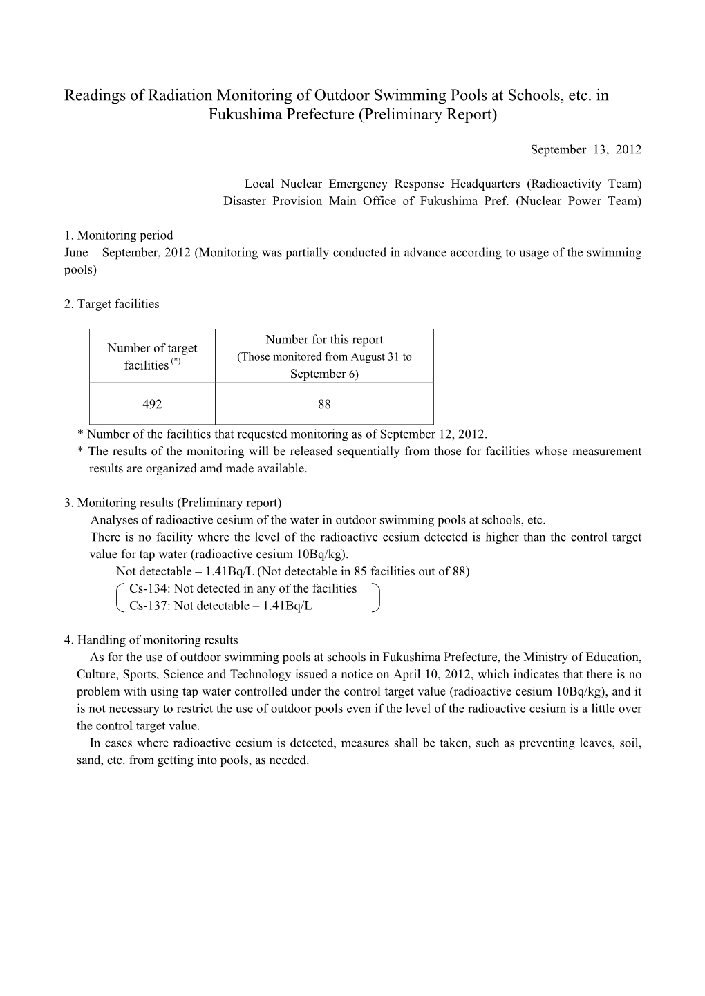 Readings of Radiation Monitoring of Outdoor Swimming Pools at Schools, Etc