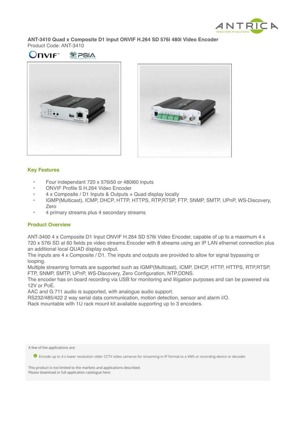ANT-3410 Quad X Composite D1 Input ONVIF H.264 SD 576I 480I Video Encoder Product Code: ANT-3410