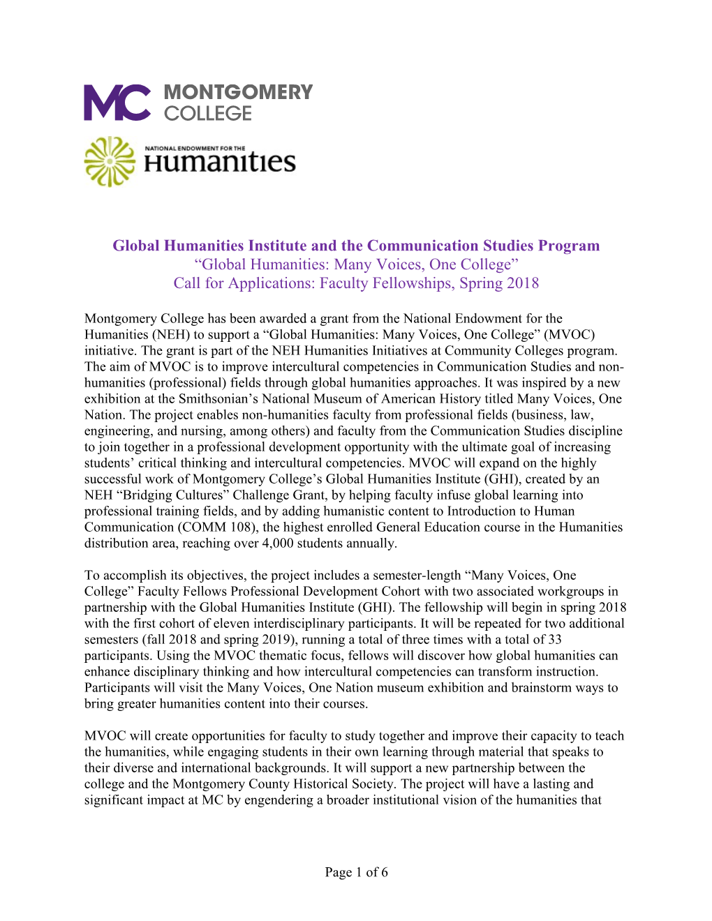 Global Humanities Institute and the Communication Studies Program