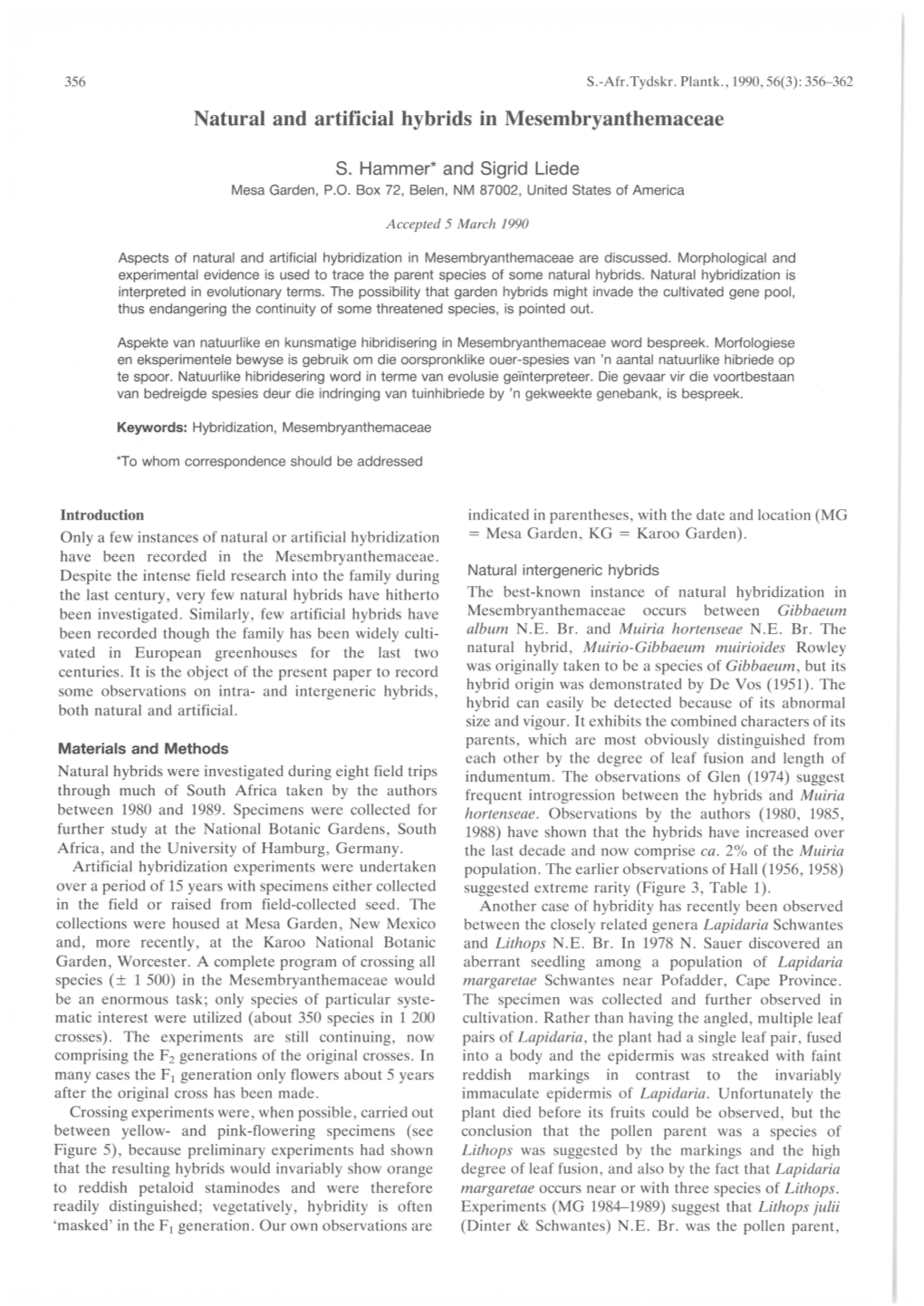 Natural and Artificial Hybrids in Mesembryanthemaceae