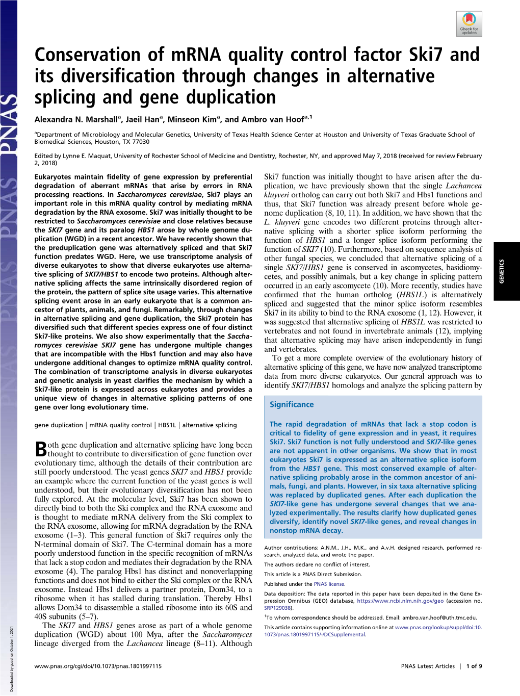 Conservation of Mrna Quality Control Factor Ski7 and Its Diversification Through Changes in Alternative Splicing and Gene Duplication