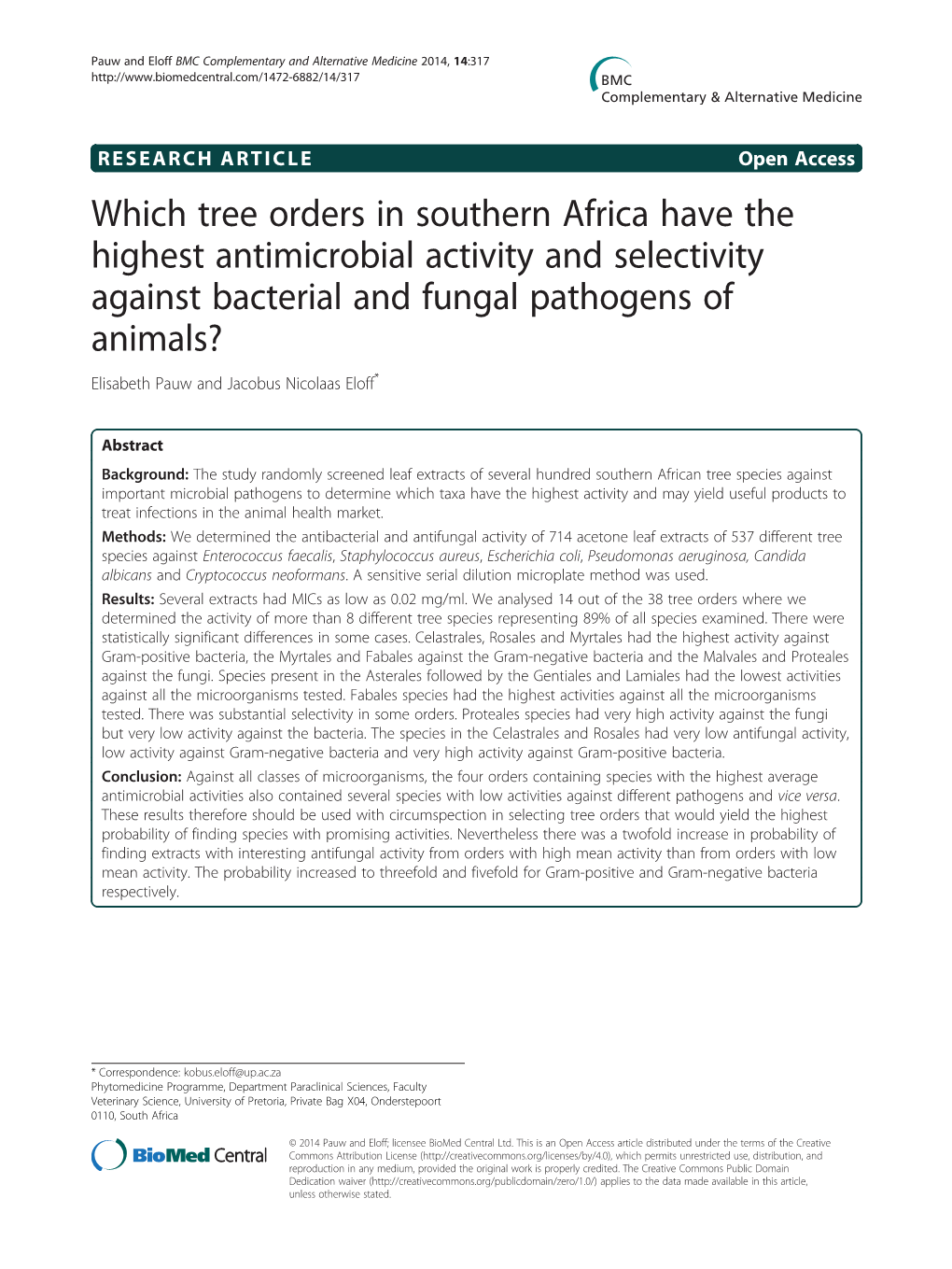 Which Tree Orders in Southern Africa Have the Highest Antimicrobial Activity and Selectivity Against Bacterial and Fungal Pathog