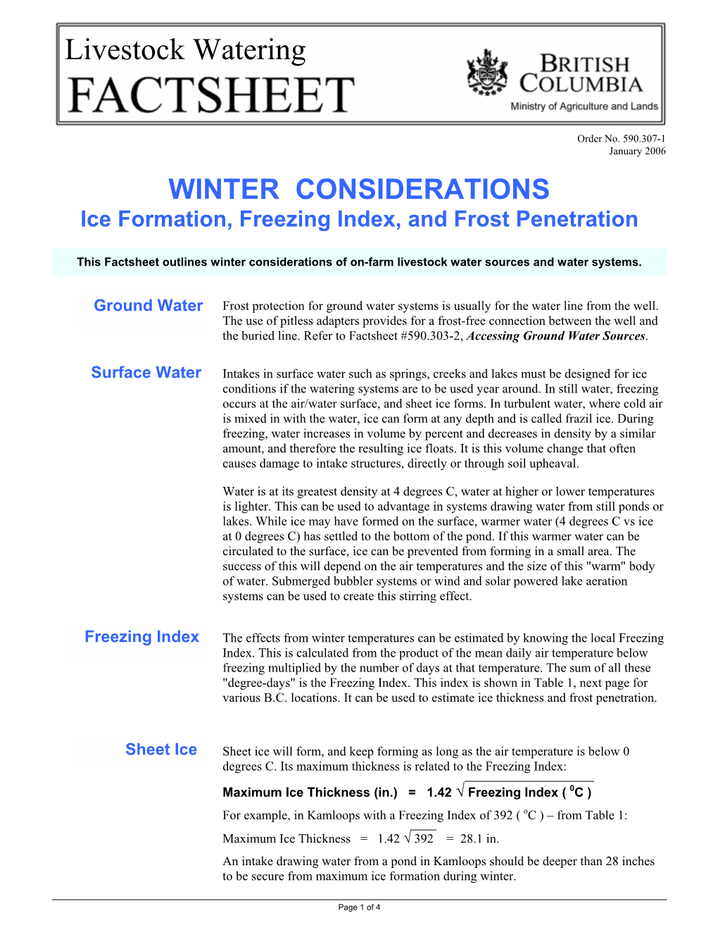 WINTER CONSIDERATIONS Ice Formation, Freezing Index, and Frost Penetration