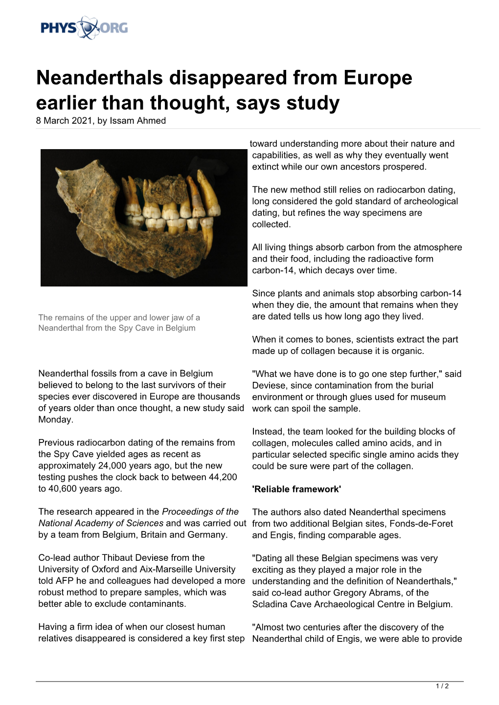 Neanderthals Disappeared from Europe Earlier Than Thought, Says Study 8 March 2021, by Issam Ahmed