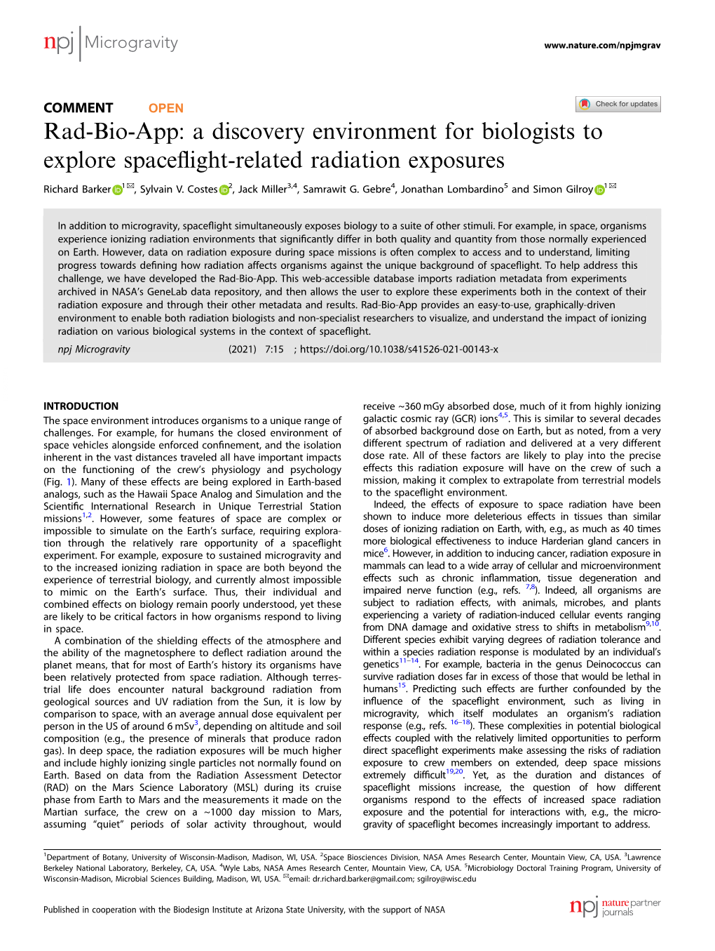 Rad-Bio-App: a Discovery Environment for Biologists to Explore Spaceﬂight-Related Radiation Exposures ✉ ✉ Richard Barker 1 , Sylvain V