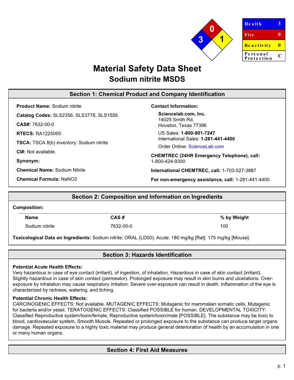 Sodium Nitrite MSDS