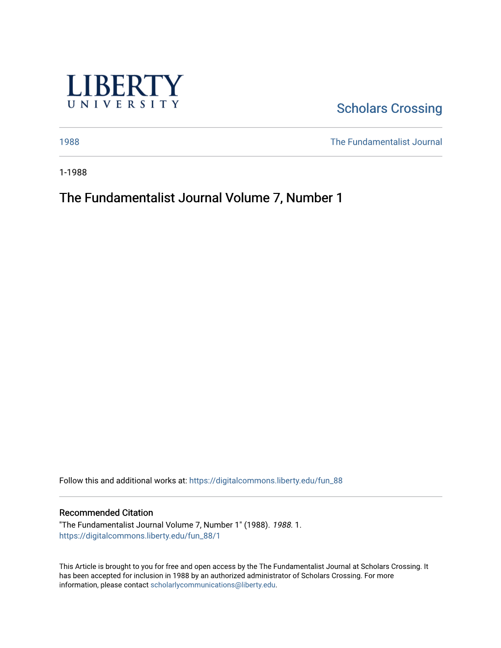 The Fundamentalist Journal Volume 7, Number 1