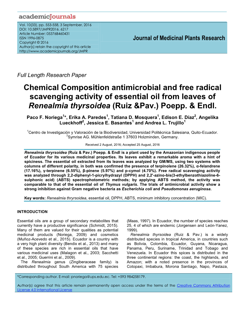 Chemical Composition Antimicrobial and Free Radical Scavenging Activity of Essential Oil from Leaves of Renealmia Thyrsoidea (Ruiz &Pav.) Poepp