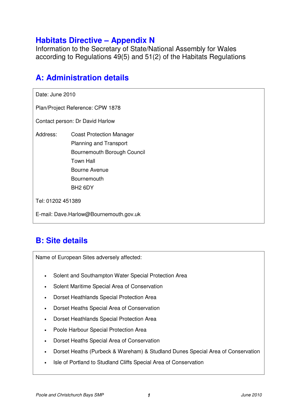 Habitats Directive – Appendix N A