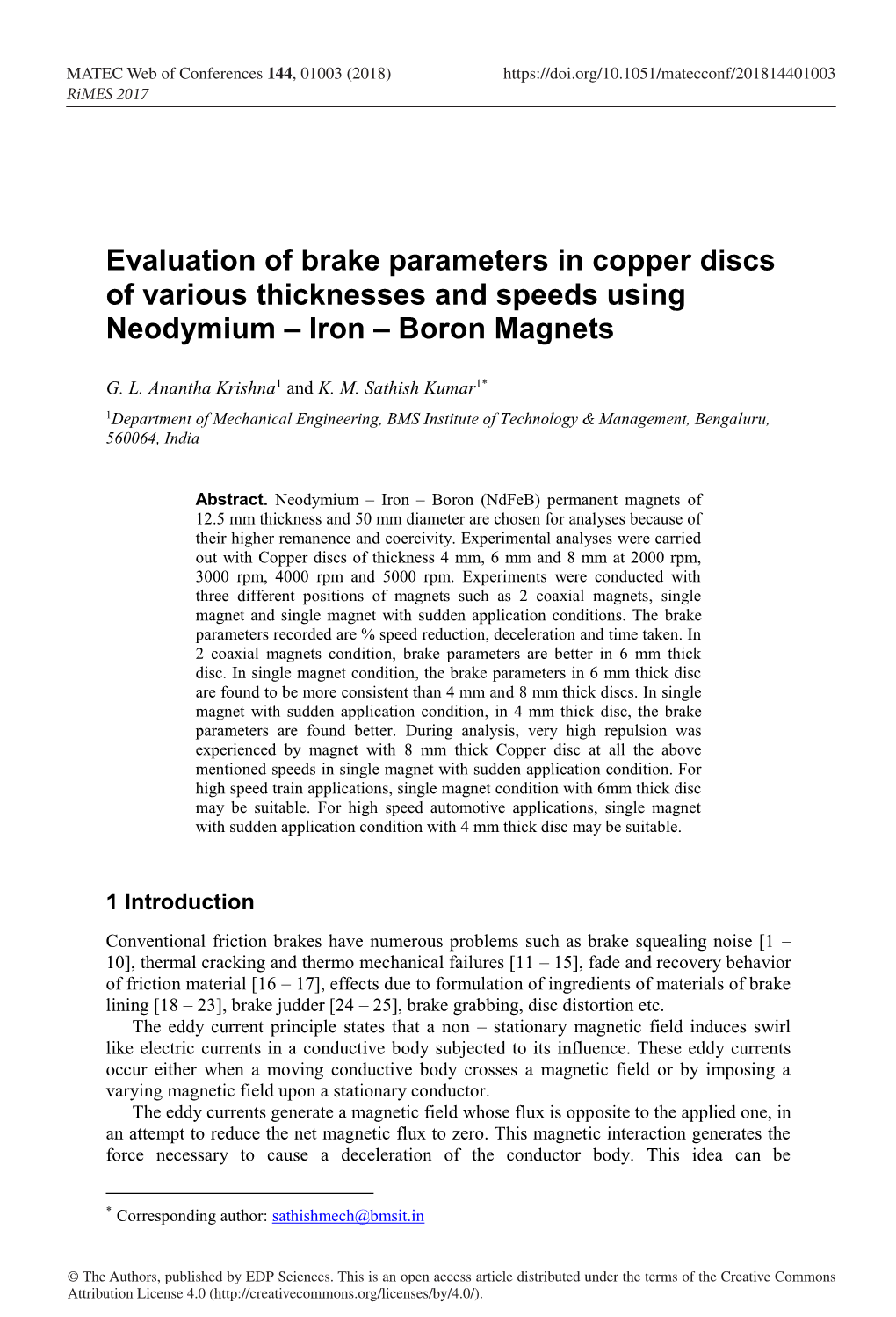Evaluation of Brake Parameters in Copper Discs of Various Thicknesses and Speeds Using Neodymium – Iron – Boron Magnets