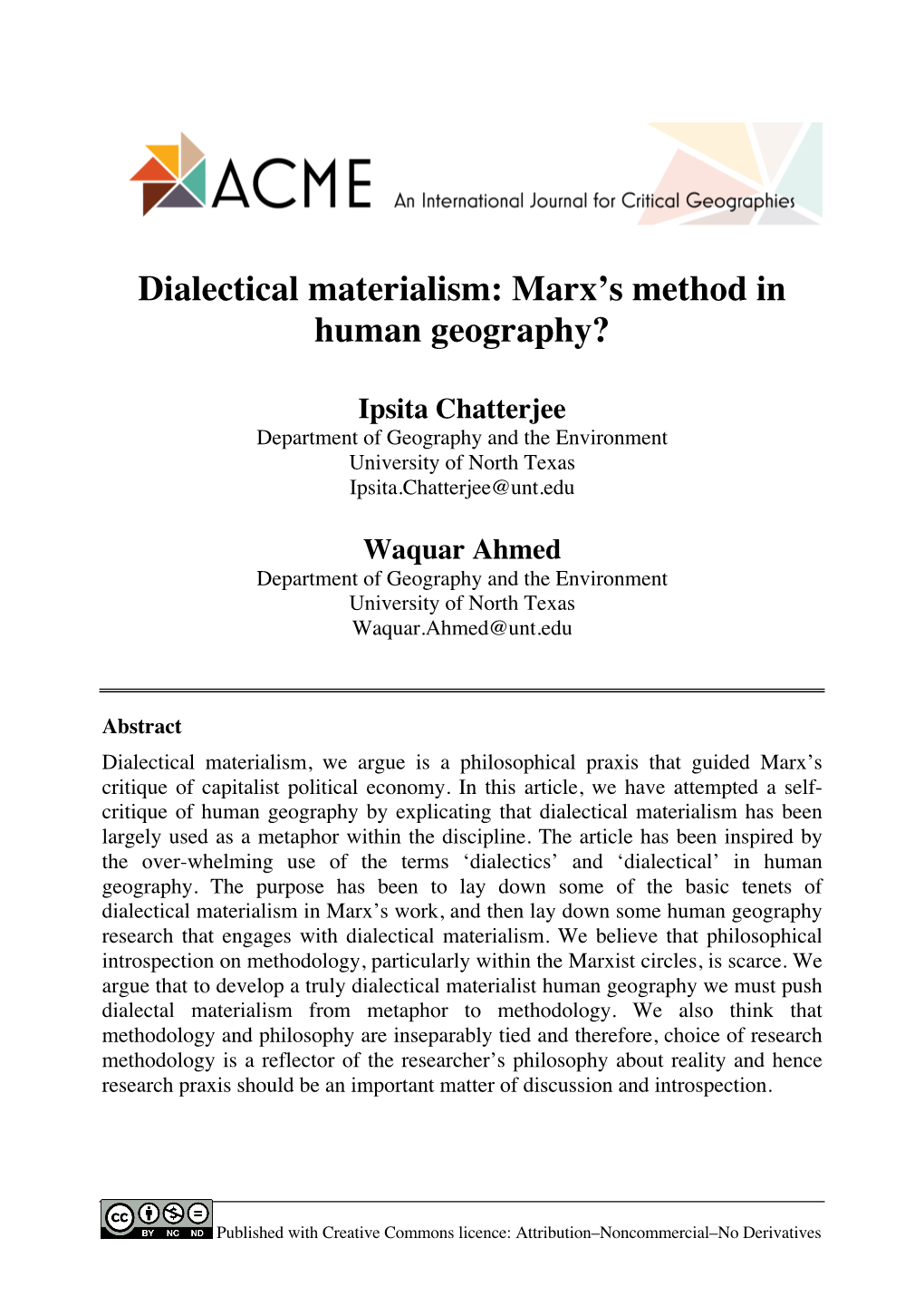 Dialectical Materialism: Marx's Method in Human Geography?