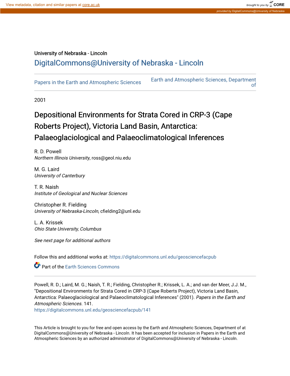Depositional Environments for Strata Cored in CRP-3 (Cape Roberts Project), Victoria Land Basin, Antarctica: Palaeoglaciological and Palaeoclimatological Inferences