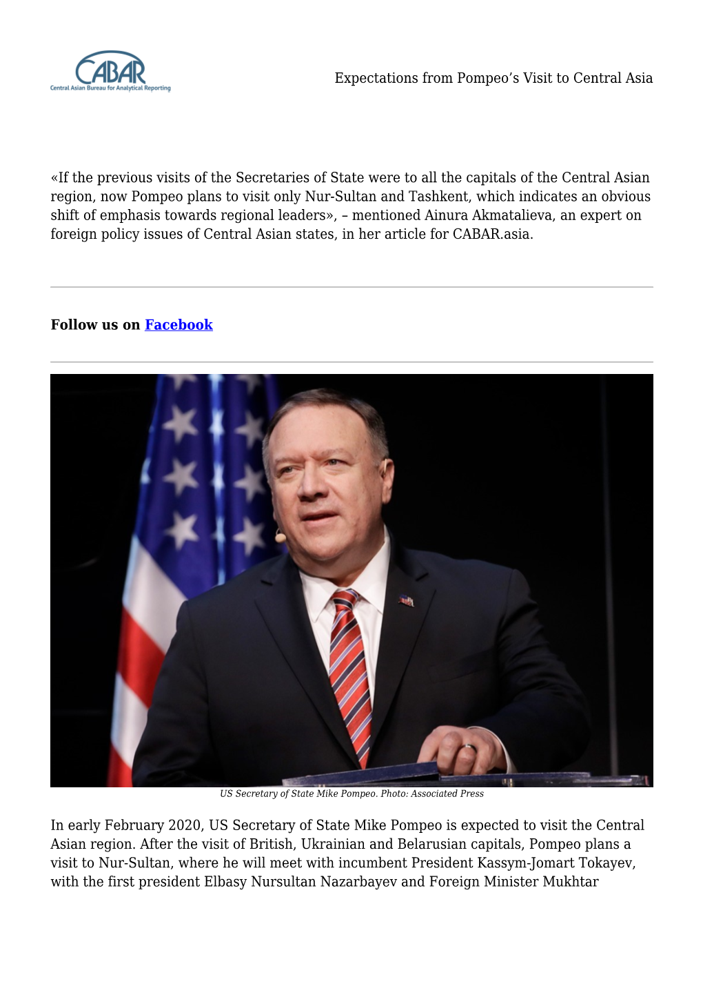 Expectations from Pompeo's Visit to Central Asia