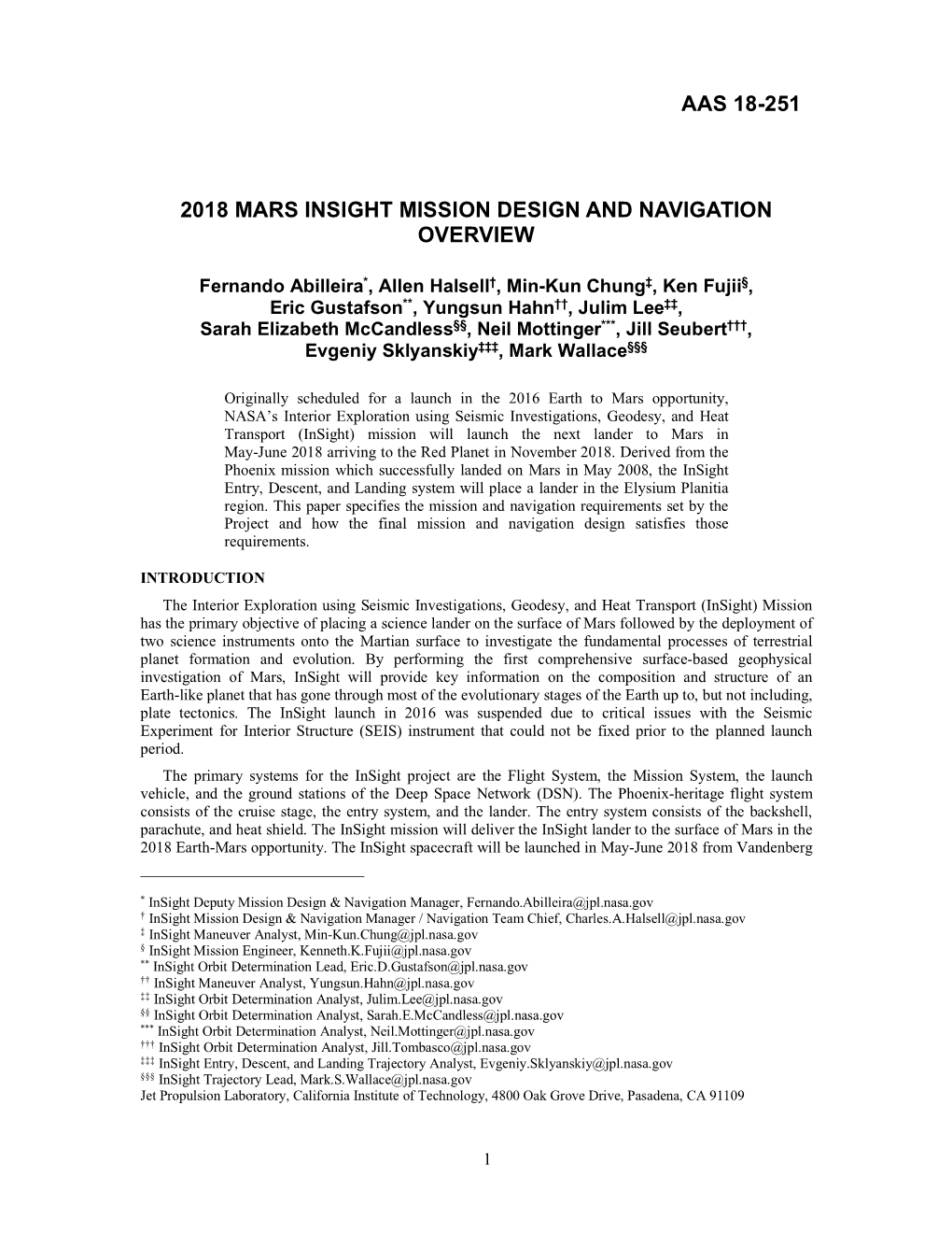 2018 Mars Insight Mission Design and Navigation Overview