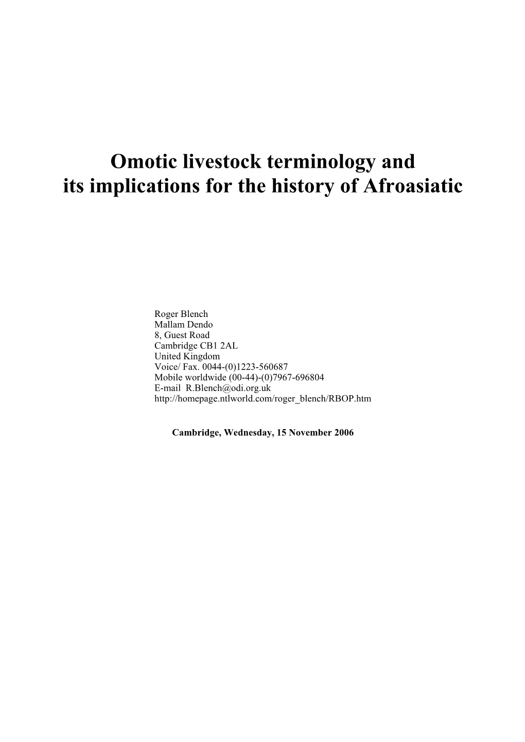 Omotic Livestock Terminology and Its Implications for the History of Afroasiatic