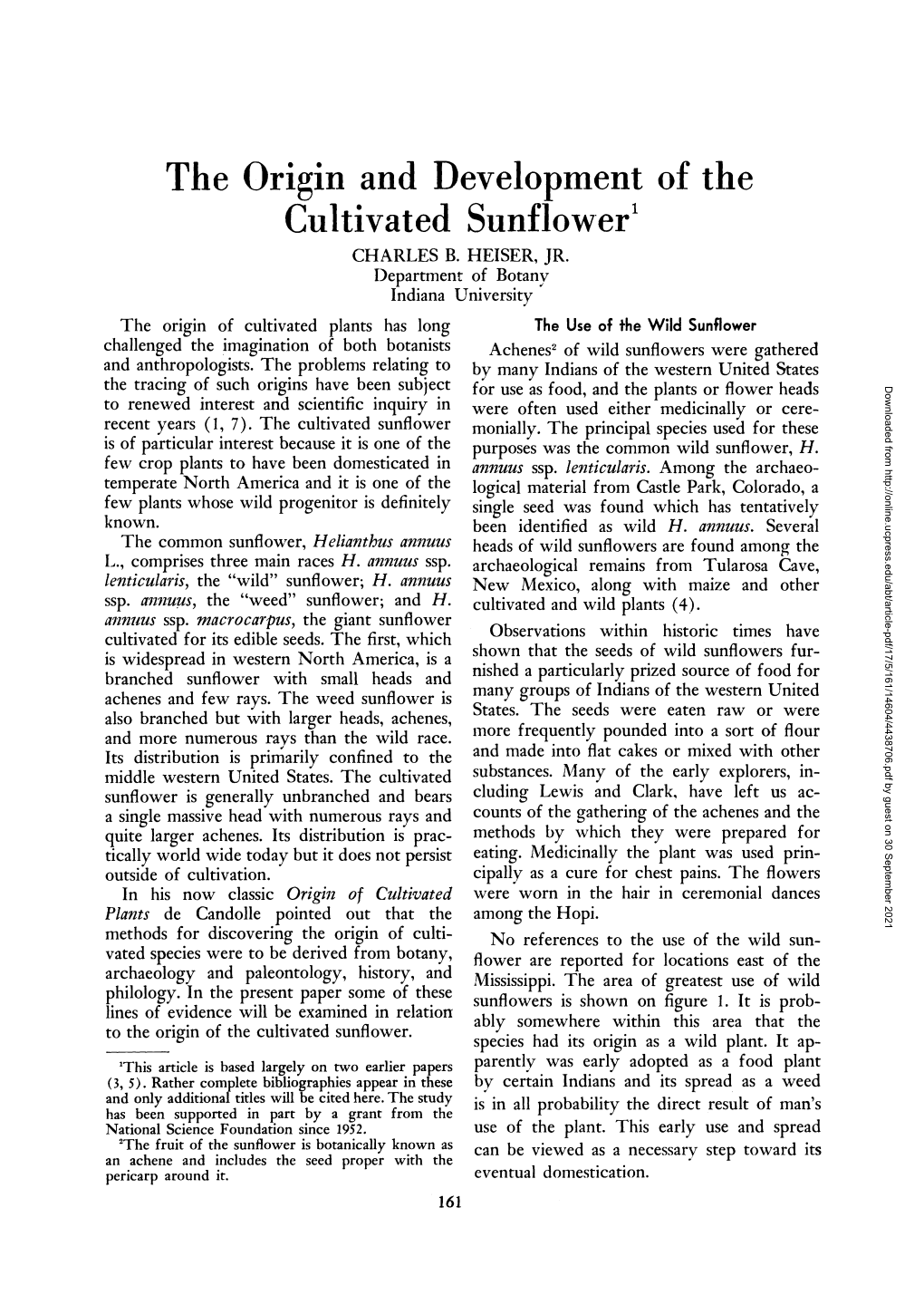 The Origin and Development of the Cultivated Sunflower' CHARLES B