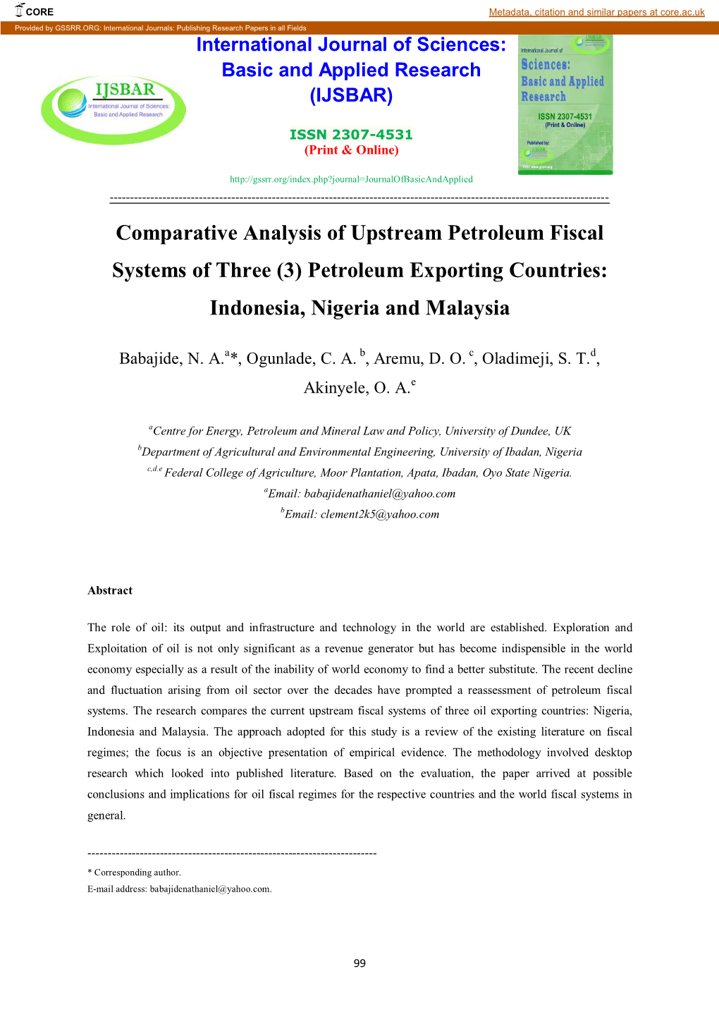 Comparative Analysis of Upstream Petroleum Fiscal Systems of Three (3) Petroleum Exporting Countries: Indonesia, Nigeria and Malaysia