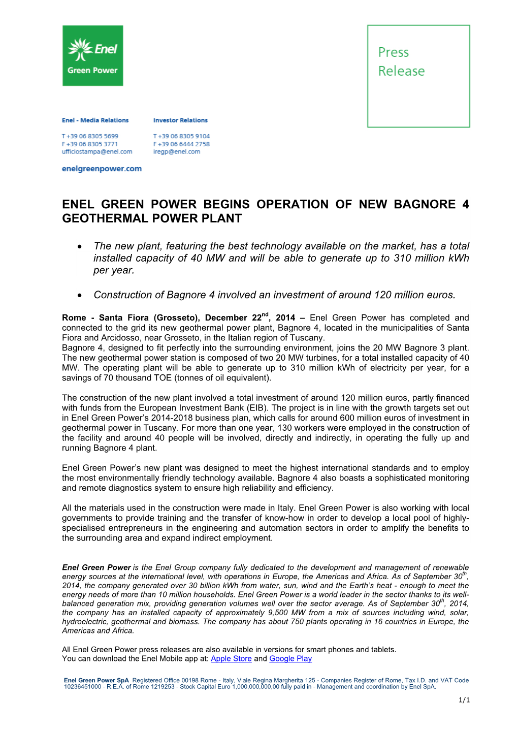 Enel Green Power Begins Operation of New Bagnore 4 Geothermal Power Plant