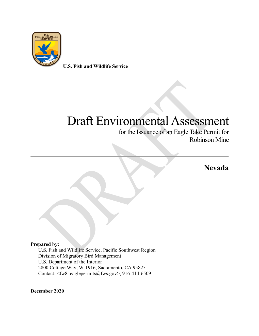 Draft Environmental Assessment for the Issuance of an Eagle Take Permit for Robinson Mine