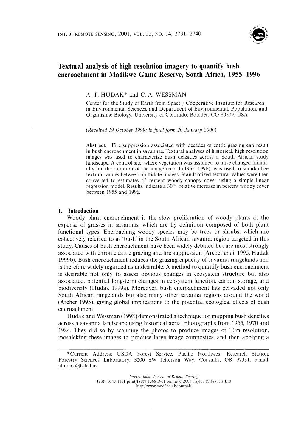 Textural Analysis of High Resolution Imagery to Quantify Bush Encroachment in Madikwe Game Reserve, South Africa, 1955-1996