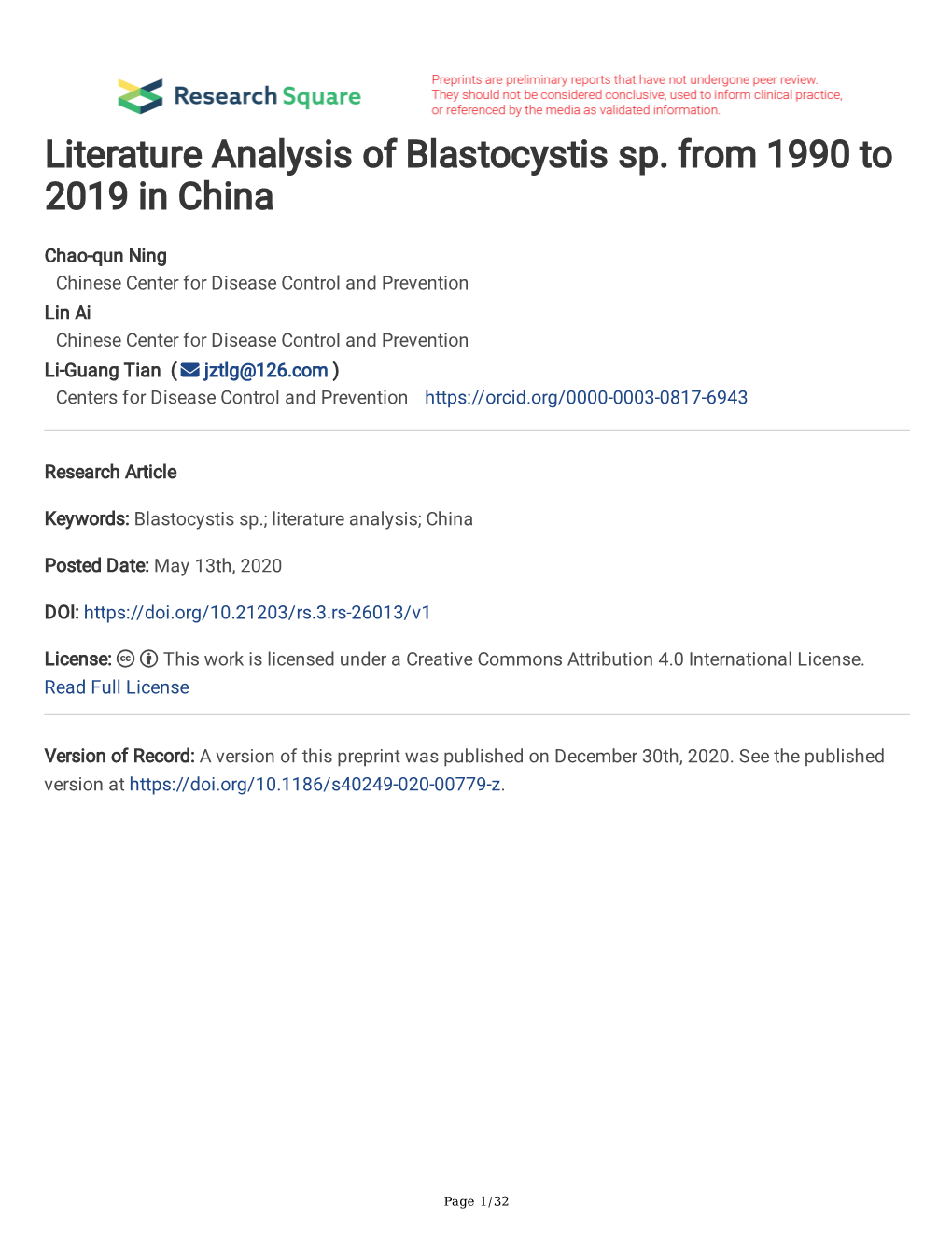 Literature Analysis of Blastocystis Sp. from 1990 to 2019 in China
