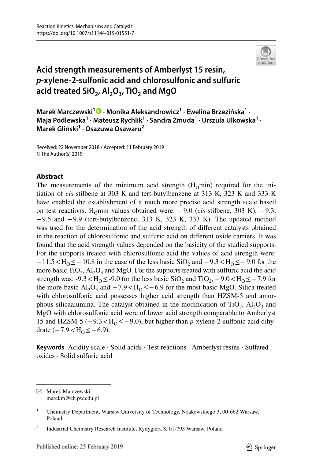 Acid Strength Measurements of Amberlyst 15 Resin, P-Xylene-2