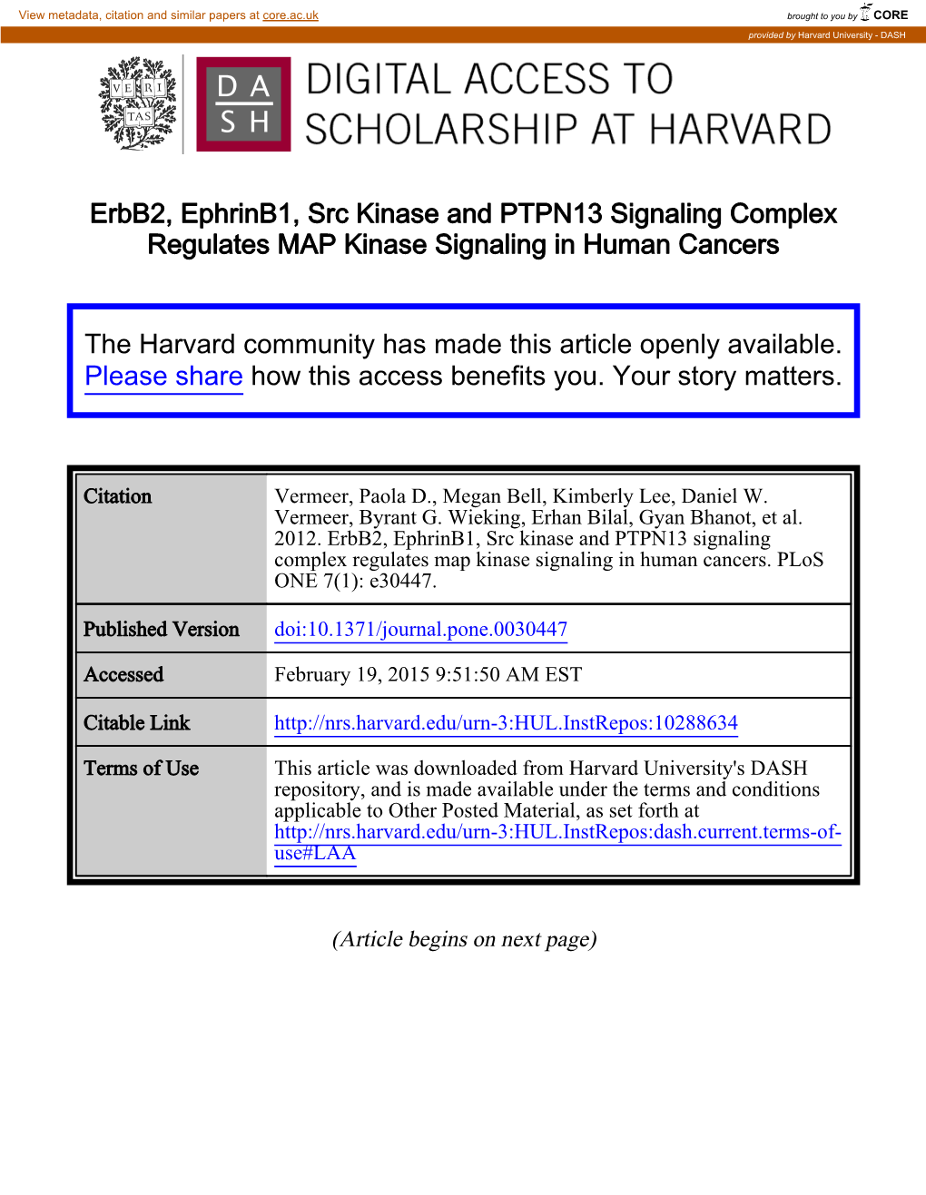 Erbb2, Ephrinb1, Src Kinase and PTPN13 Signaling Complex Regulates MAP Kinase Signaling in Human Cancers