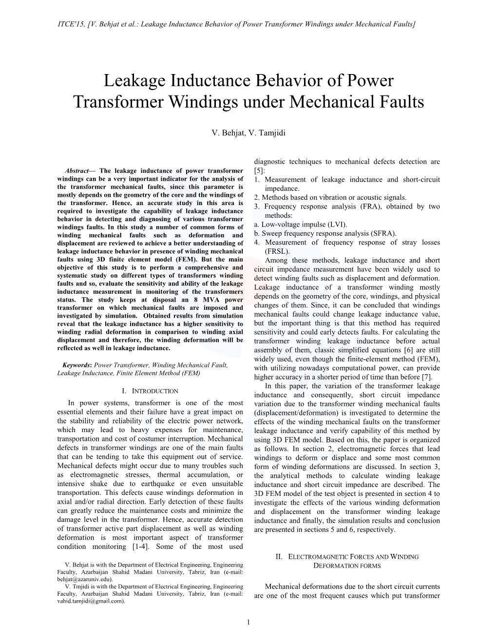 Leakage Inductance Behavior of Power Transformer Windings Under Mechanical Faults]