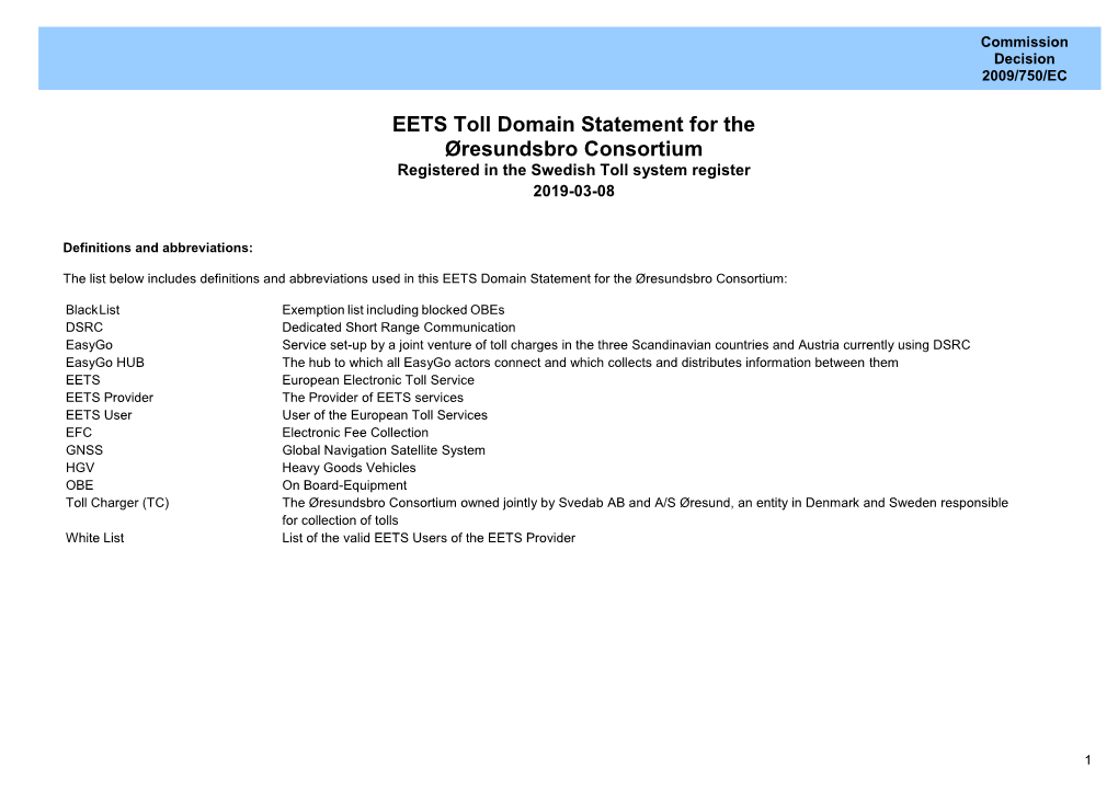 EETS Toll Domain Statement for the Øresundsbro Consortium Registered in the Swedish Toll System Register 2019-03-08