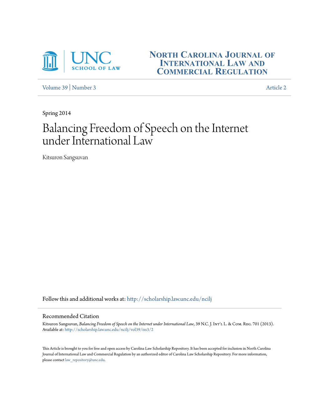 Balancing Freedom of Speech on the Internet Under International Law Kitsuron Sangsuvan