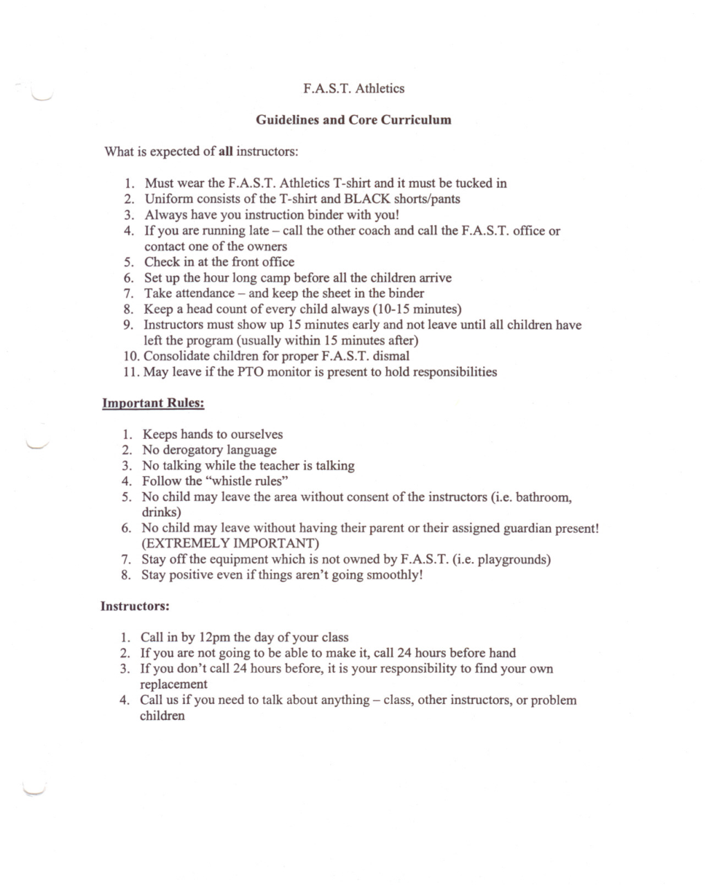 F.A.S.T. Athletics Guidelines and Core Curriculum What Is Expected of All