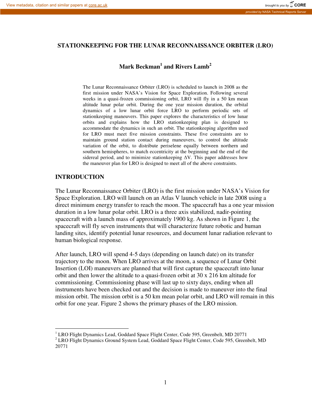 Stationkeeping for the Lunar Reconnaissance Orbiter (Lro)