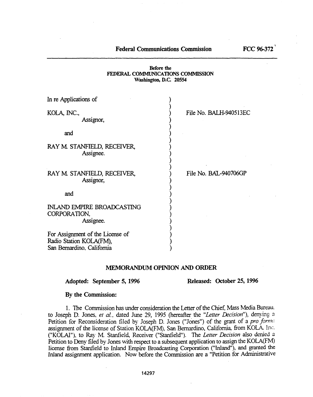 Federal Communications Commission FCC 96-372 in Re Applications Of