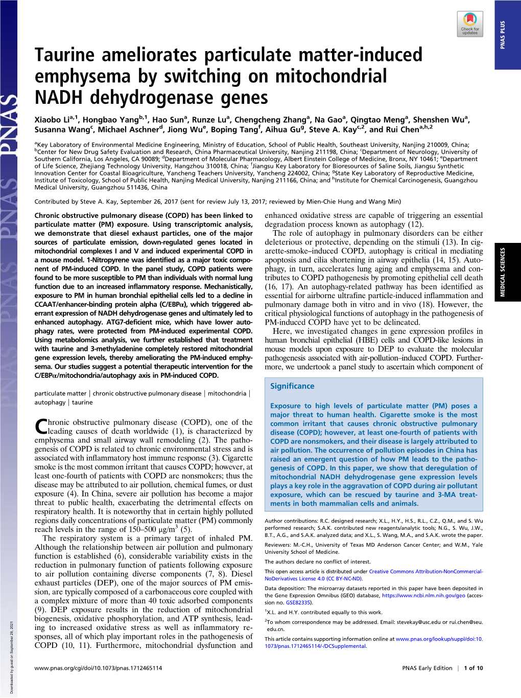 Taurine Ameliorates Particulate Matter-Induced Emphysema by Switching on Mitochondrial NADH Dehydrogenase Genes