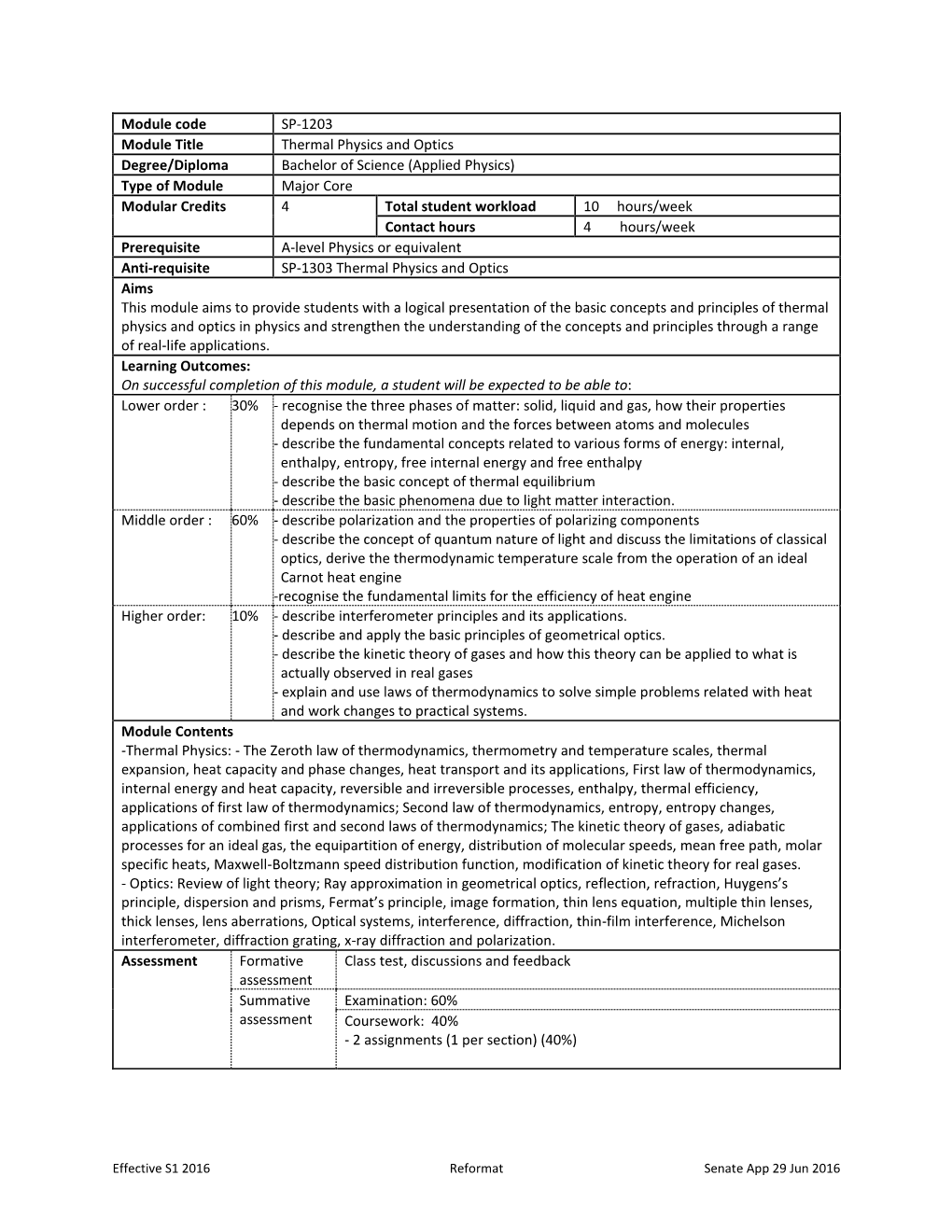 Module Code SP-1203 Module Title Thermal Physics and Optics Degree