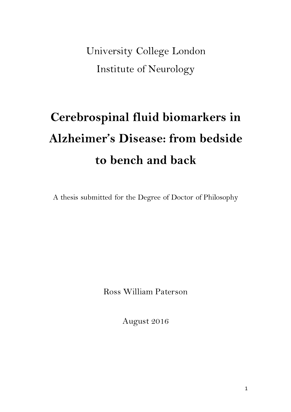 Cerebrospinal Fluid Biomarkers in Alzheimer's Disease