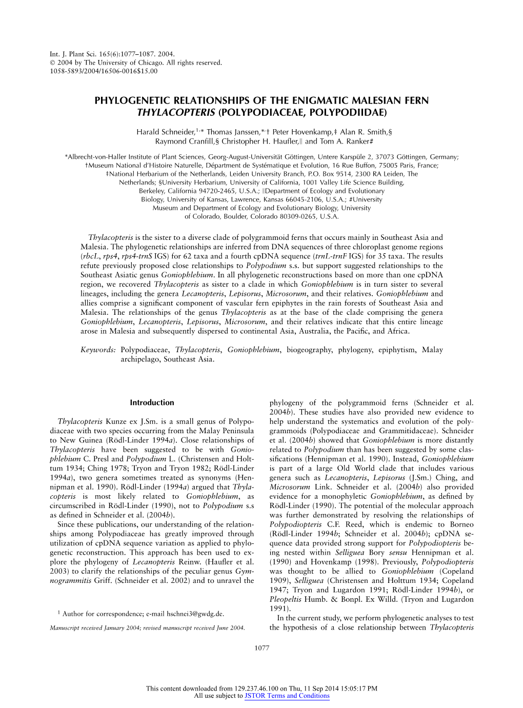 Phylogenetic Relationships of the Enigmatic Malesian Fern Thylacopteris (Polypodiaceae, Polypodiidae)