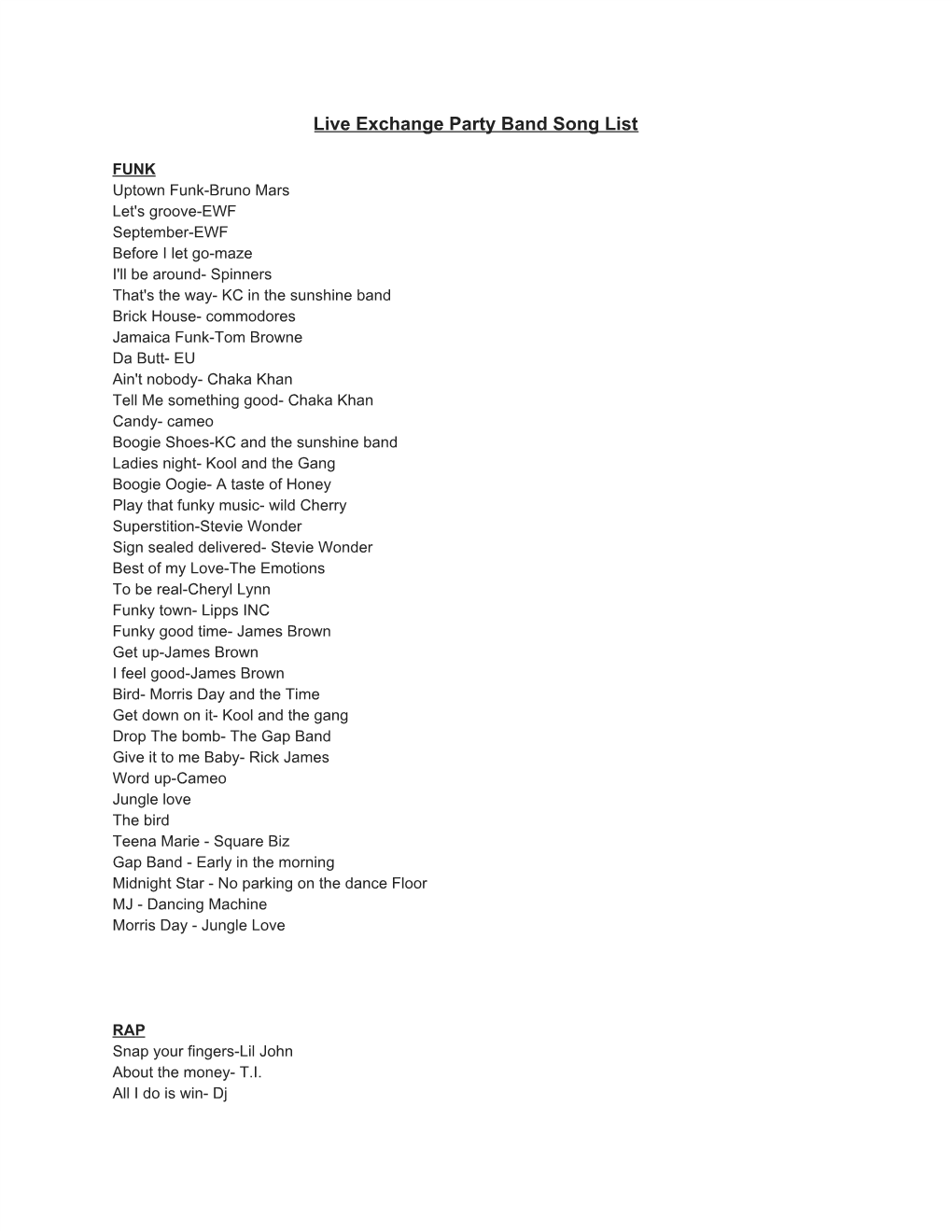 Live Exchange Party Band Song List